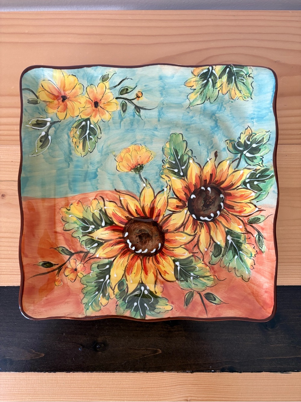 Maxcera Terra Cotta Sunflower Square Salad Plate 9” Hand Painted Ceramic Rare